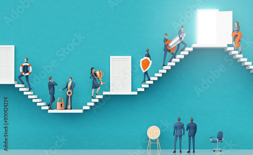 Business people walk with Shiel, rocket, trophy, lock and key, representing a successful team. Business environment concept with stairs and open door. 3D rendering photo