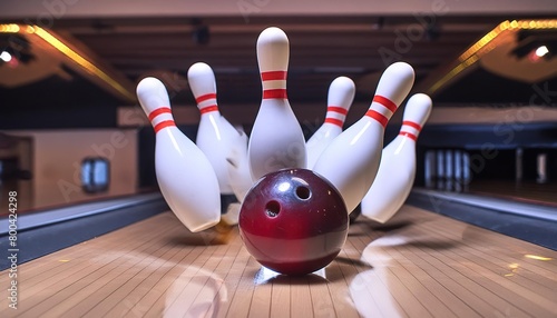  Close-up of a bowling ball hitting pins scoring a strike, bottom view and action shot. Ten pin bowling game concept