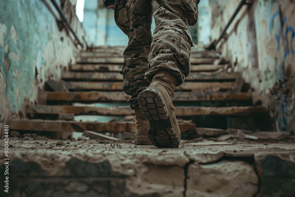 Person walking upstairs in a dilapidated building