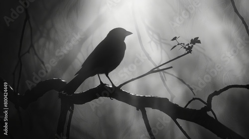 A dark, foggy forest with a single bird perched on a branch. photo