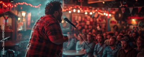 Overweight comedian telling jokes at a comedy club with a laughing audience. photo