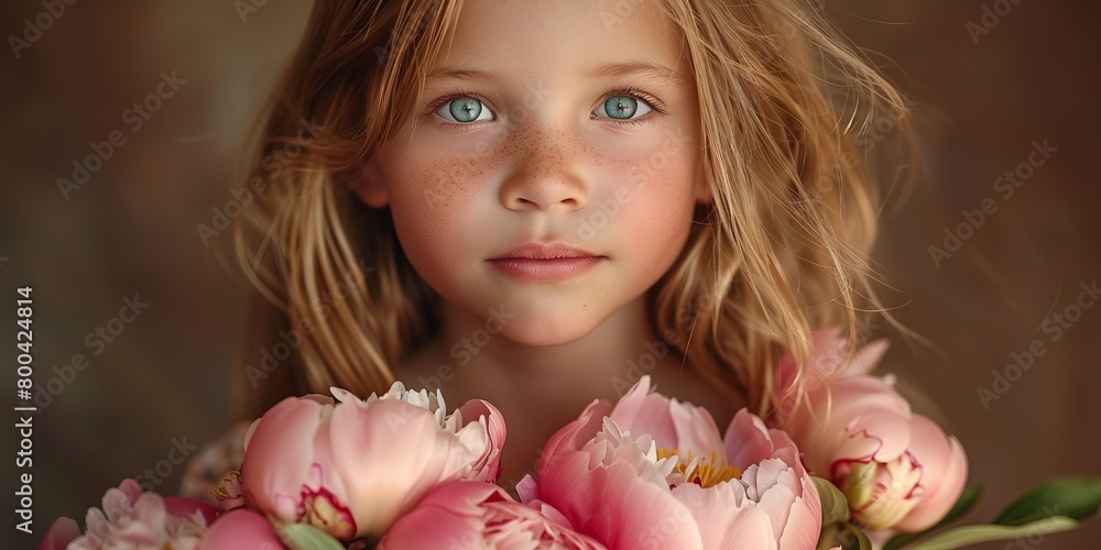 Naklejka premium Little girl holding bouquet of peonies