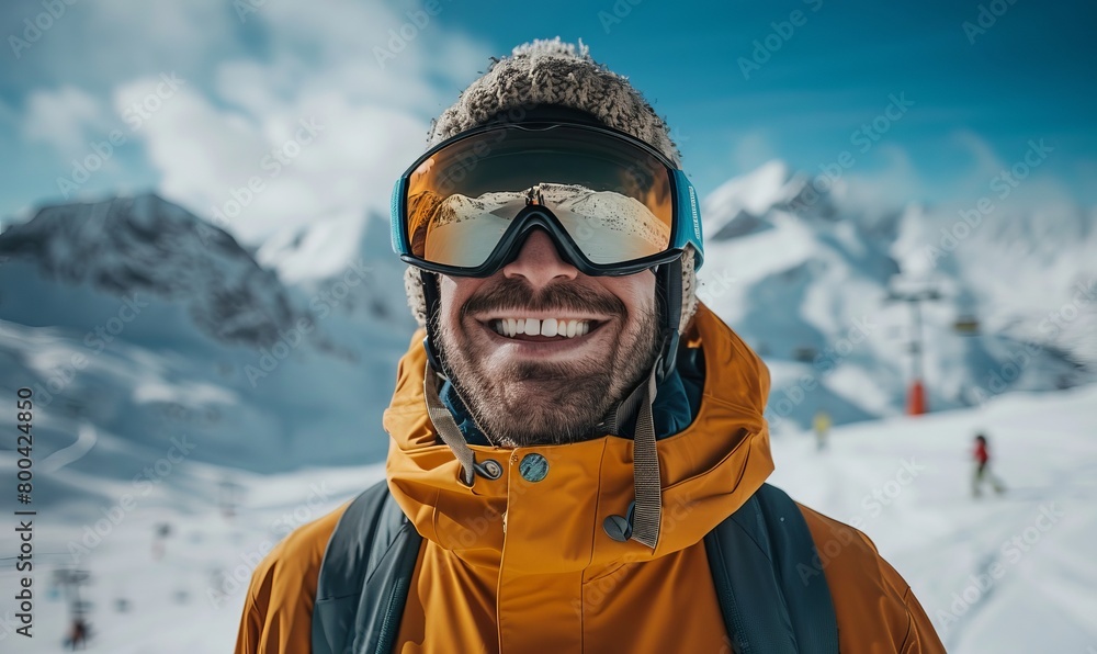 Portrait of happy man while up on ski slope, wearing helmet and goggles. Zillertal, Austria Portrait of happy man while up on ski slope, wearing helmet and goggles. Zillertal, Austria