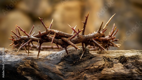 Close-up of Rustic Crown of Thorns on Weathered Wood photo
