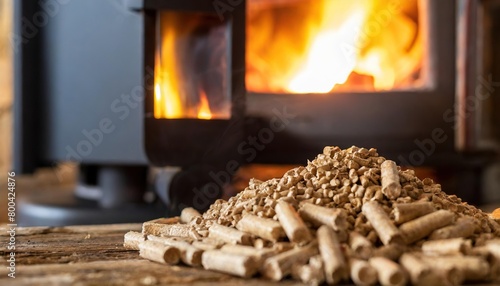 Heating with wood stove with wooden pellets in the foreground