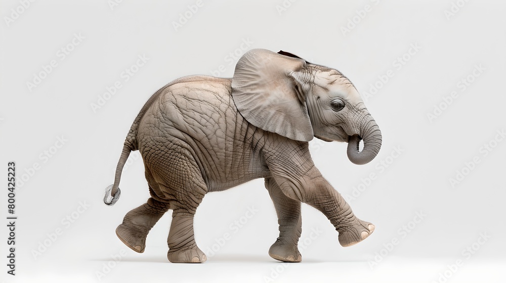 Obraz premium Cheerful Baby Elephant Walking Isolated on White. Captivating Wildlife Portrait. Perfect for Children's Illustration and Nature Themes. AI