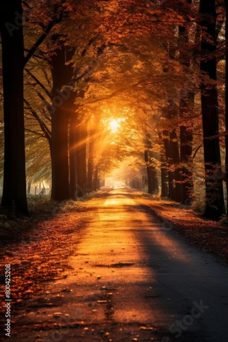 Landscape with coppercolored leaves in autumn, sunlight filtering through the trees, serene and peaceful