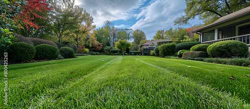 Newly mowed lawn in a residential yard, perfect for summer relaxation and outdoor leisure. photo