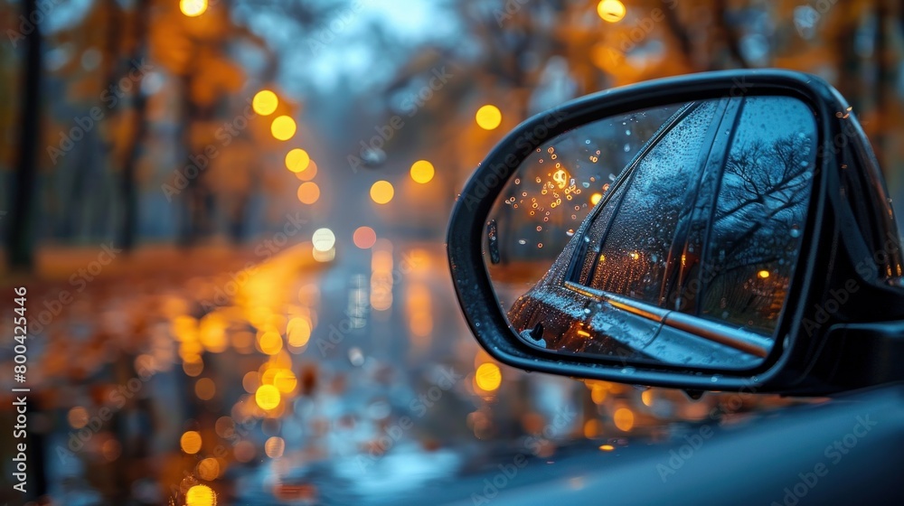 The side rear-view mirror mounted on a car. The side rear-view mirror mounted on a car.