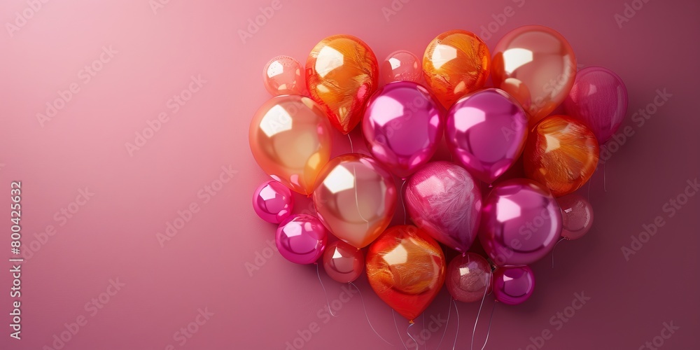 Fototapeta premium Multicolored Balloon Love Heart. Pink, Orange and Gold Balloons arranged in a heart shape. 3D Render with copy-space.