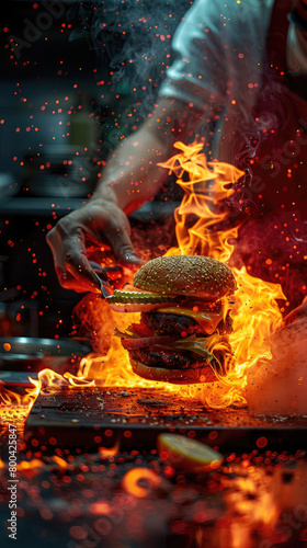A man is cooking a large hamburger on a grill
