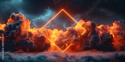 Cloud Formation Illuminated with Orange and Yellow Fluorescent Light. Dark Environment with Hexagon shaped Neon Frame.