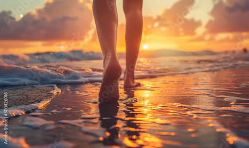 Close up of a woman's feet walking on the beach at sunset, a beautiful seascape with waves and golden light. Summer vacation concept photo