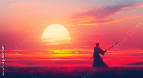 Silhouette of samurai in kendo pose with sword against sunset sky background