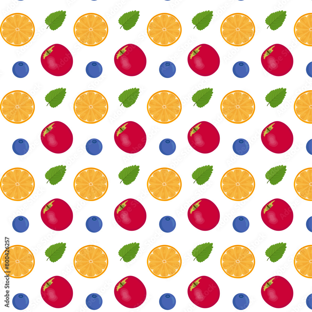 Seamless pattern for packaging and wrapping paper. Red juicy apple and round orange slice. Blue blueberries and mint leaf white background. Vector cartoon illustration. Print for textiles and fabric.