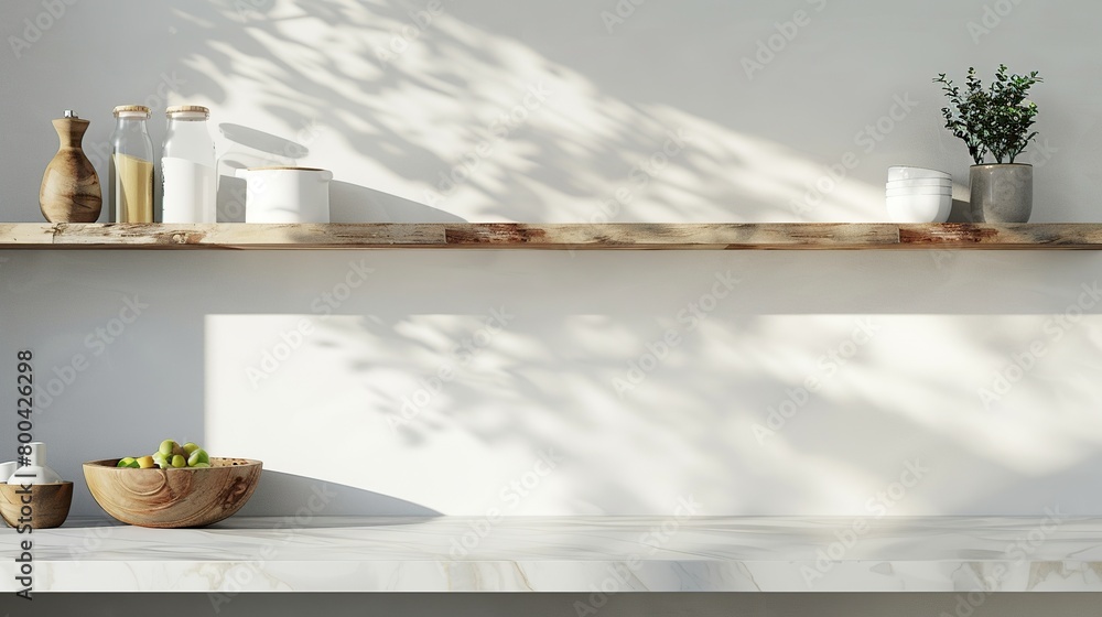 Close-up view of empty shelves on the wall, decorated with natural wood shelves and marble table in front.