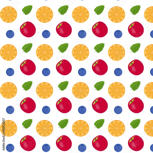 Seamless pattern for packaging and wrapping paper. Red juicy apple and round orange slice. Blue blueberries and mint leaf white background. Vector cartoon illustration. Print for textiles and fabric.