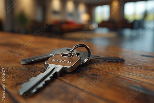 A close-up shot of a set of metal keys with numbers prominently displayed, resting on a wooden surface