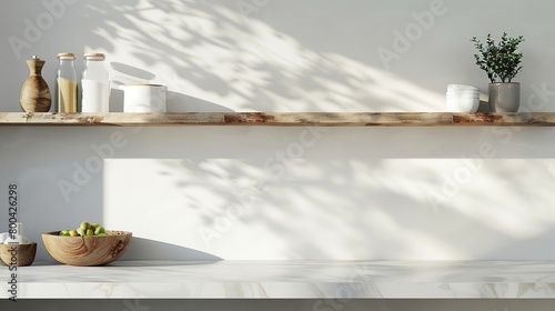 Close-up view of empty shelves on the wall  decorated with natural wood shelves and marble table in front.