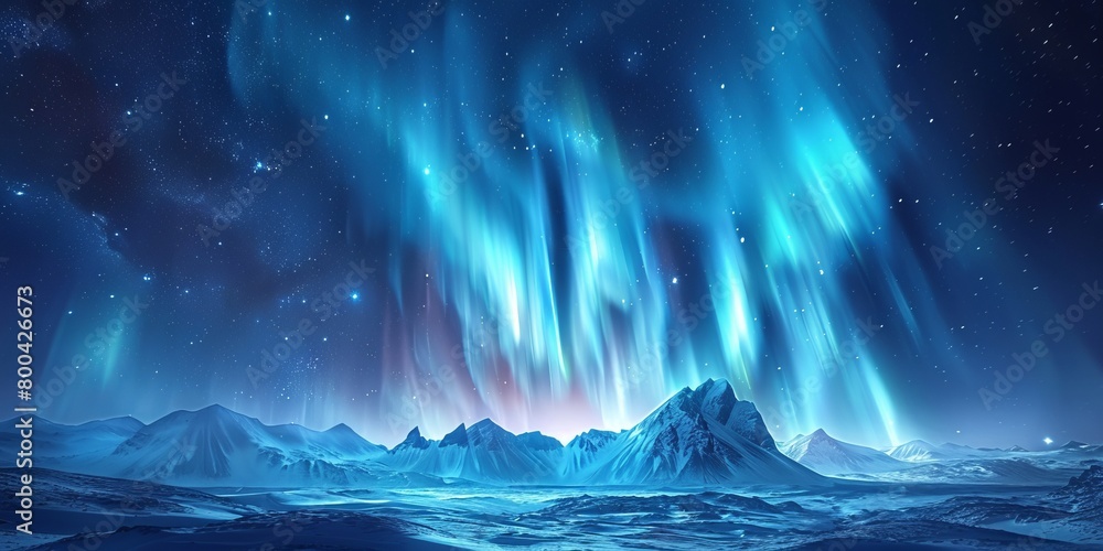 Blue Aurora Borealis over Rugged Landscape. Majestic Northern Lights Background with copy-space.