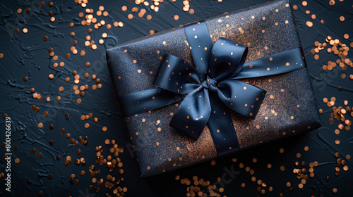 An attractive image showcasing a top view of a navy blue gift box with a polished bow and scattered golden confetti photo