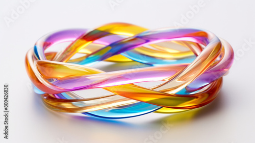 A radiant spectrum of multi-colored bands intertwining elegantly, producing a breathtaking rainbow effect against a pristine white backdrop.