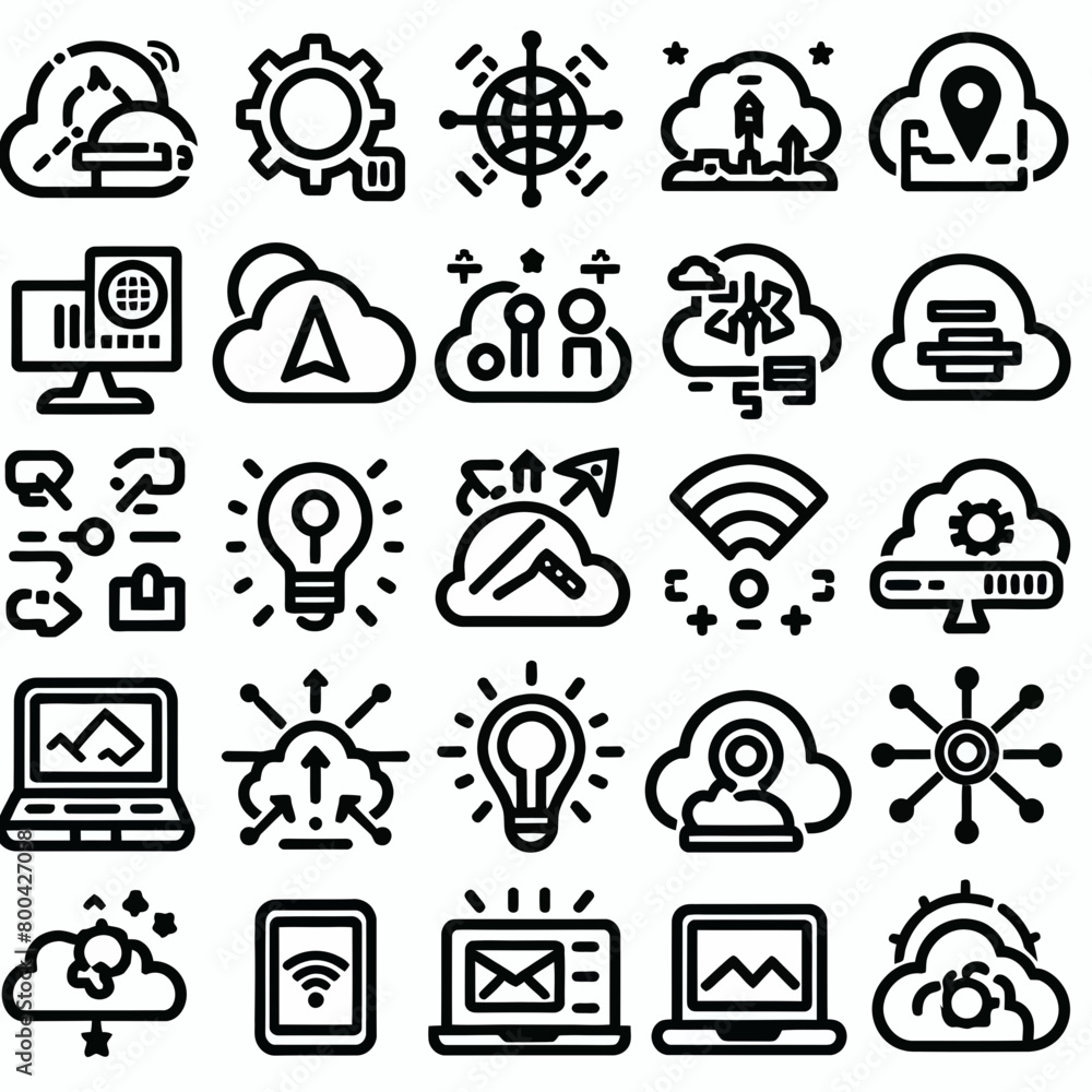 outline cloud computing set icon silhouette vector illustration white background, cloud services, server, cyber security, digital transformation. Outline icon collection. Editable stroke outline cloud computing set icon silhouette vector illustration white background, cloud services, server, cyber security, digital transformation. Outline icon collection. Editable stroke