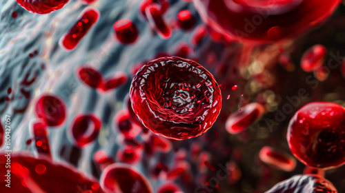 A magnified view of erythrocytes flowing through a bloodstream, with a close-up of their bi-concave shapes.