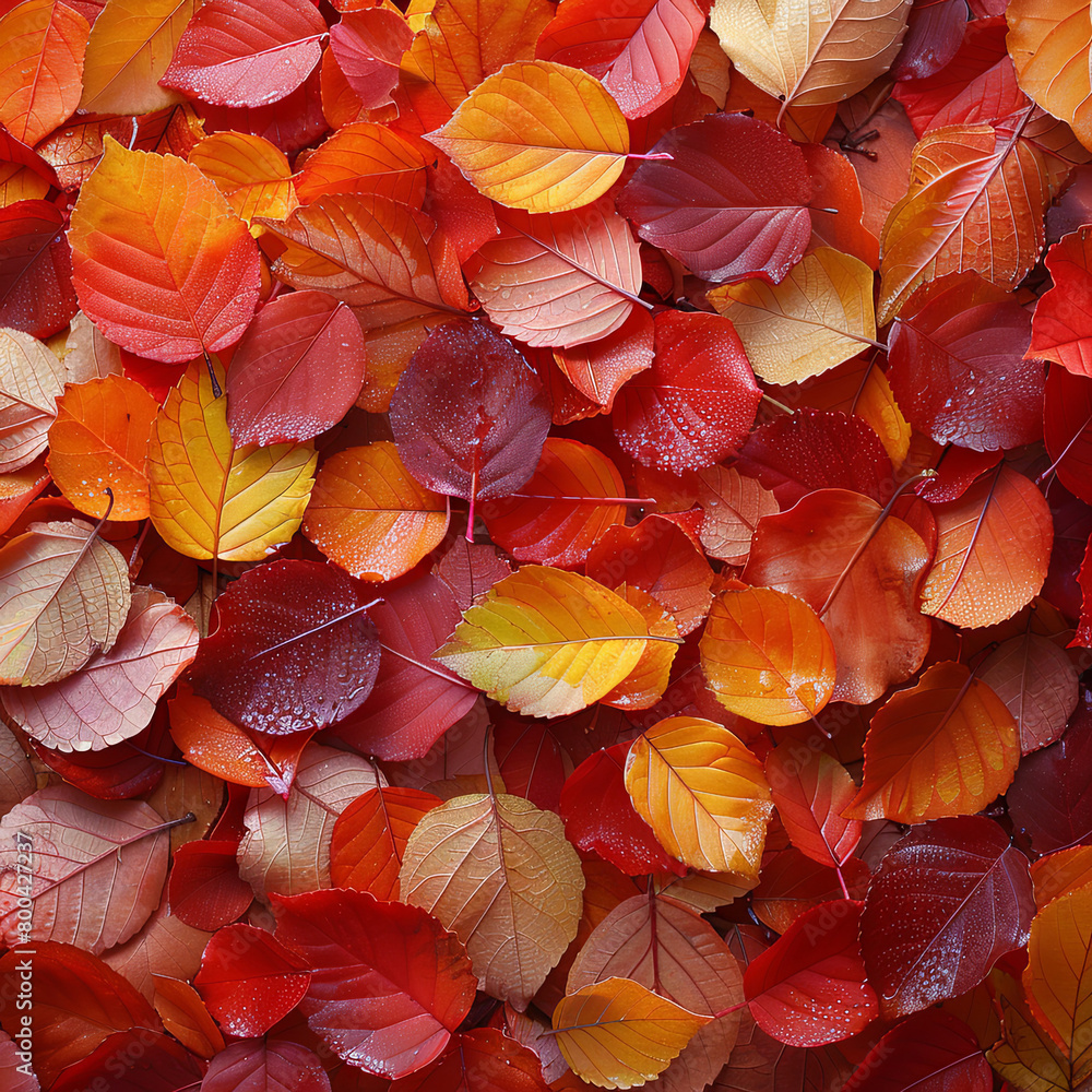 A stunning array of autumn leaves in red and orange tones, speckled with morning dew