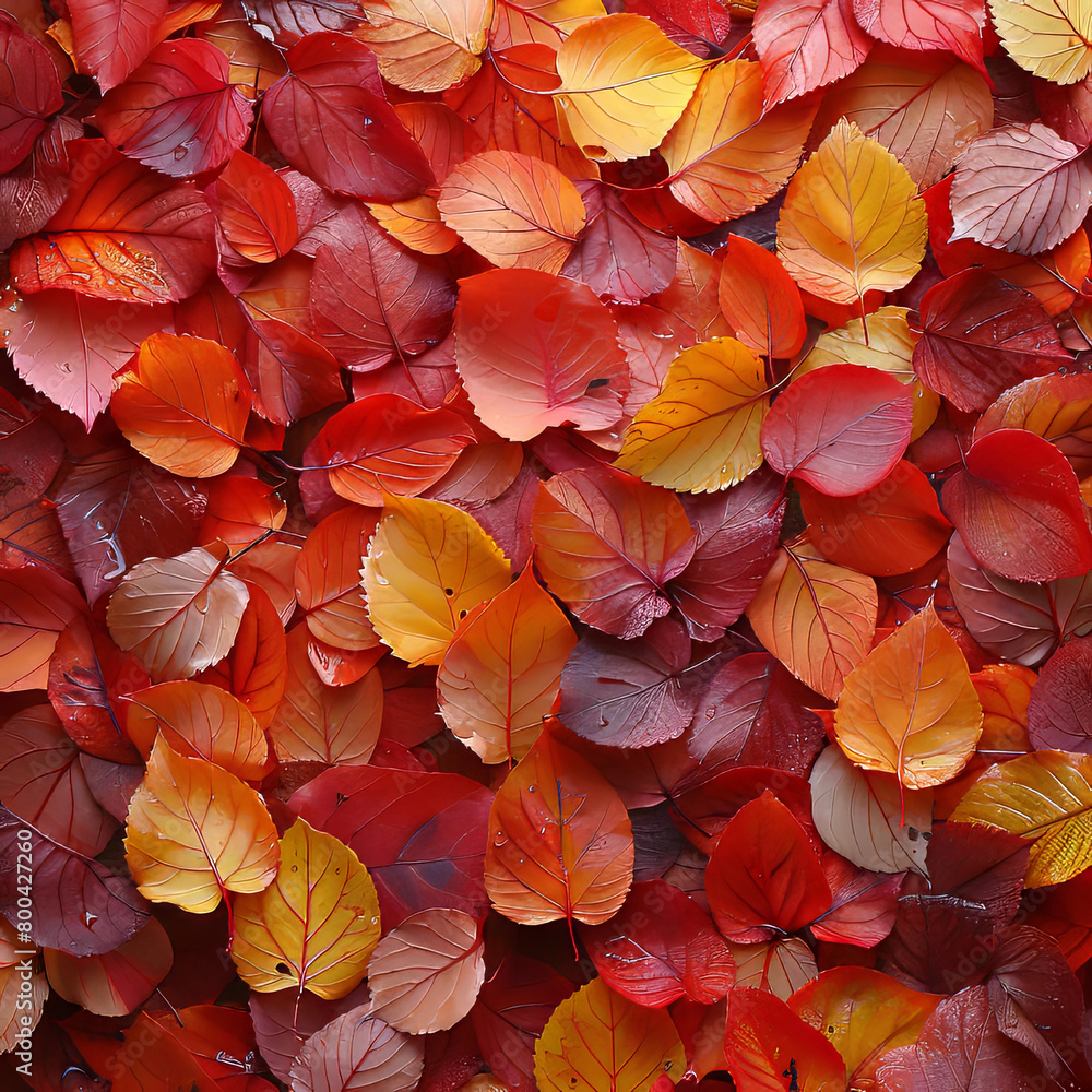 A fresh collection of crisp autumn leaves covered in morning dew drops, displaying vibrant fall colors