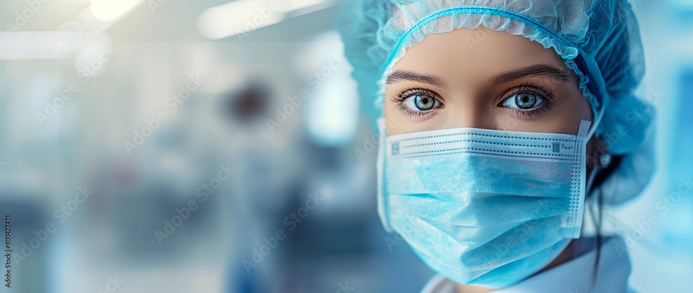 A close-up of a healthcare worker wearing a protective mask and head cover in a clinical setting A close-up of a healthcare worker wearing a protective mask and head cover in a clinical setting