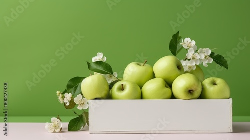 Natural  farm apples in a white wooden box with blossom branch on a white background
