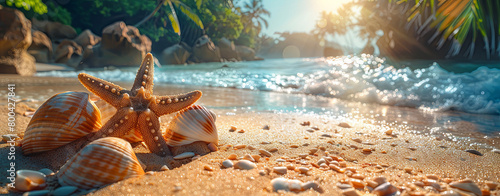 A captivating tropical beach backdrop, highlighting a starfish encircled by unique shells and sunlit water