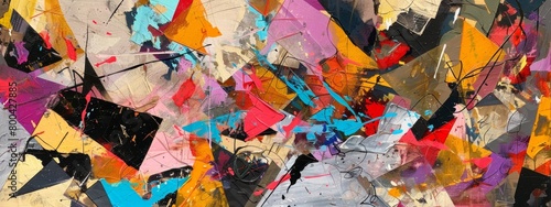 A chaotic abstract composition of overlapping shapes and textures.