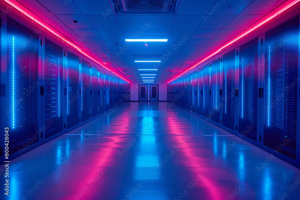 An AI-powered data center with servers emitting a cool blue light, ideal for IT service provider marketing materials,
