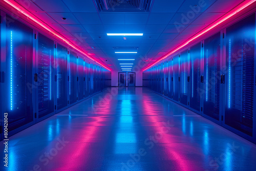 An AI-powered data center with servers emitting a cool blue light, ideal for IT service provider marketing materials,