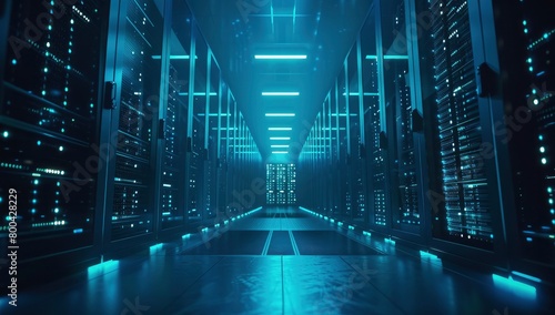 A hightech data center with rows of advanced server racks photo