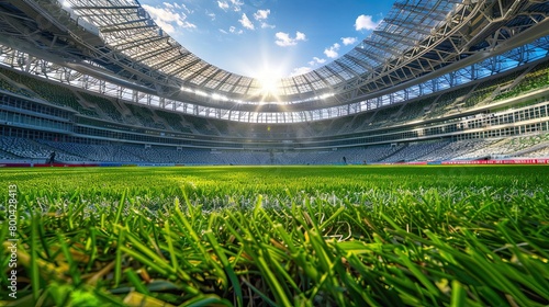 Panorama of the football stadium, the sun is shining above the stands. photo