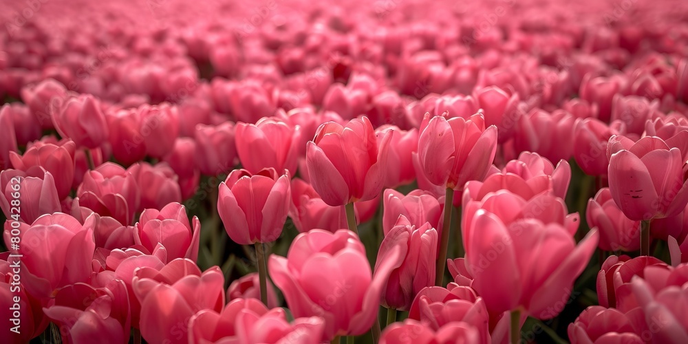 Endless rows of blooming pink tulips create a striking patter Endless rows of blooming pink tulips create a striking patter