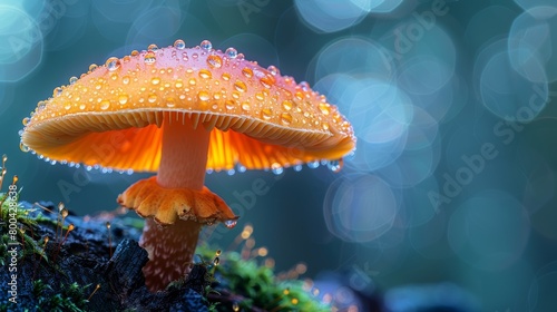 Orange mushroom with water droplets on forest floor © cac_tus