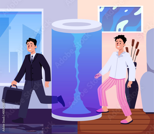 Happy man teleportation from home to office flat style