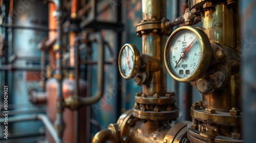 close-up shot of brass gauges on a wall in an industrial setting, with pipes and other machines blurred behind it.