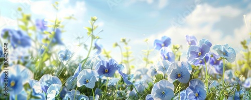 blue pansies in the foreground, white background, blue sky, blurred grasses and flowers