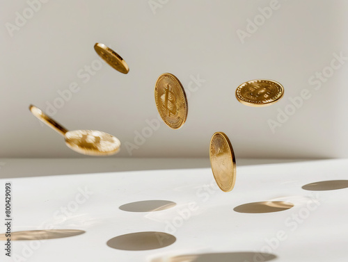 Gold coins captured in various positions as if floating mid-air casting intricate shadows