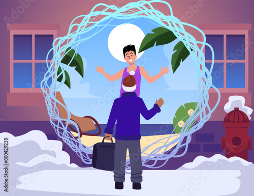 Fantasy winter to summer teleportation vector illustration