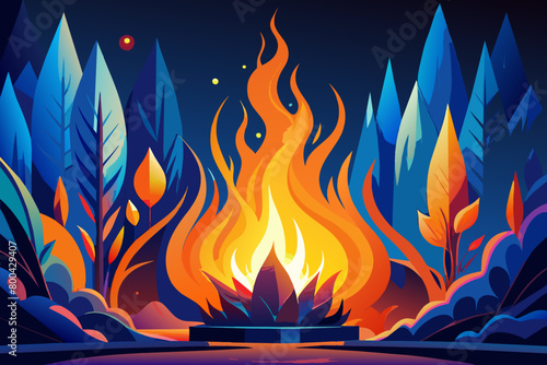 Vector illustration of a bonfire in the forest. Flat style.