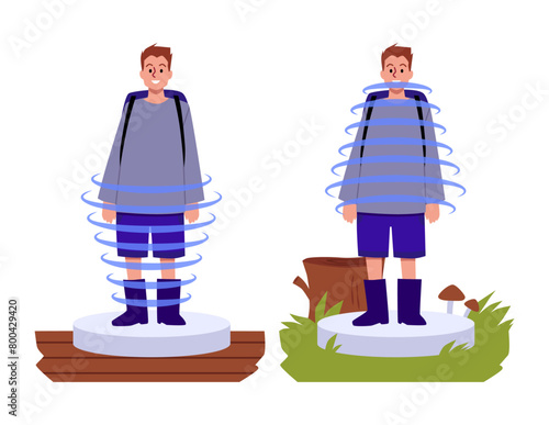 Indoor-outdoor futuristic teleportation vector illustration