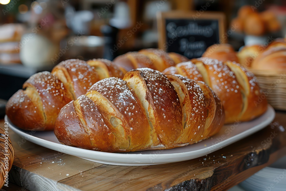 freshly baked bread in a white plate over a restaurant table freshly baked bread in a white plate over a restaurant table