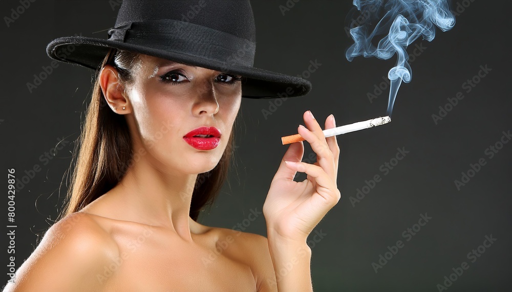 Obraz premium Woman with red lips and cigarette in black hat on black background