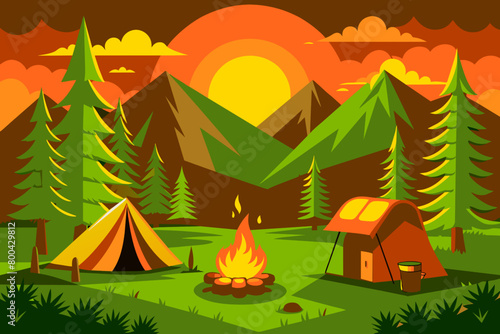 Camping in the mountains. Vector illustration in a flat style.